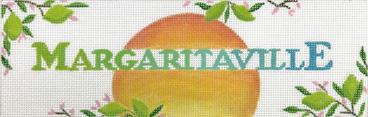 "MARGARITAVILLE" w/ Lime Branches & Rising Sun – overlapping letters in rainbow colors