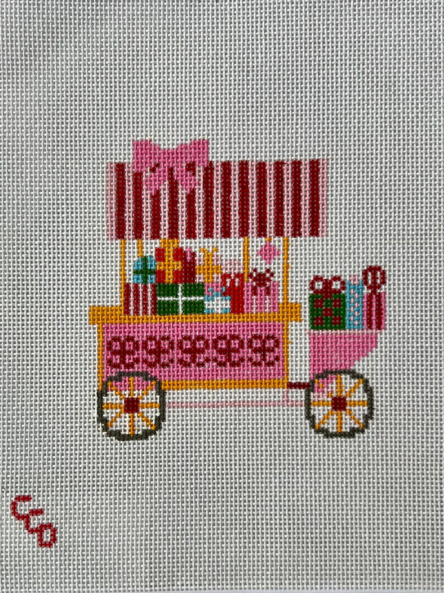Christmas Trolley Cart Needlepoint Canvas 18 Mesh 4” Design