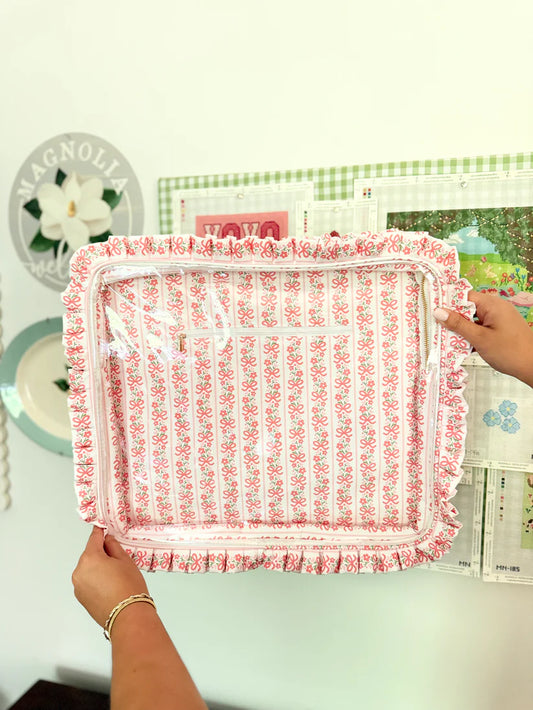 Pink Bow Floral Ruffle Carryall Project Bag