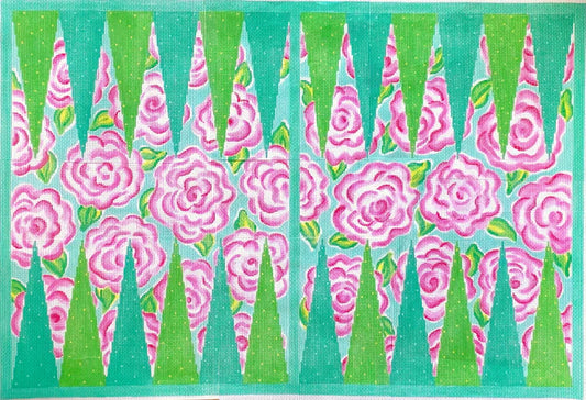 Backgammon Board Canvas – Lilly-inspired Roses – pinks, greens & turquoise 13 mesh