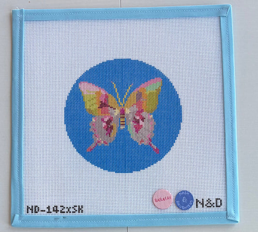 Gold & Green Butterfly on Blue - Round