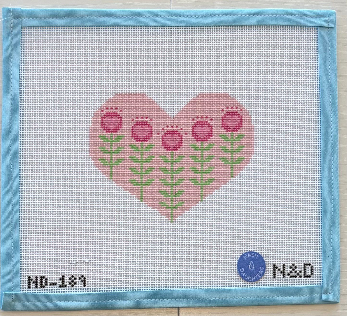 Block Print Pink Heart with Flowers Needlepoint Canvas