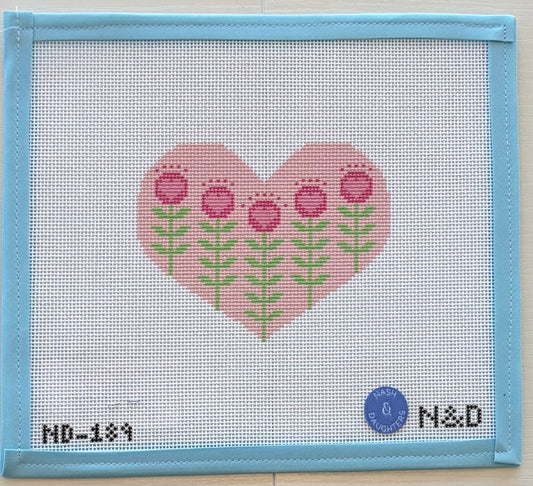 Block Print Pink Heart with Flowers Needlepoint Canvas