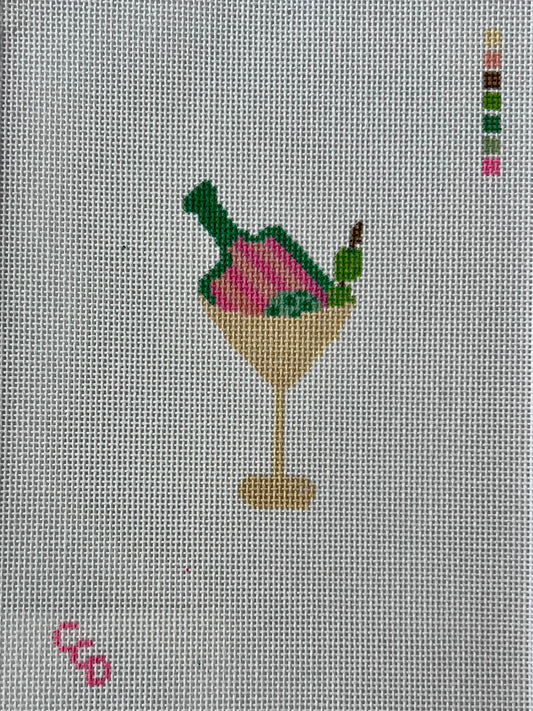 Hand-Painted Pickleball Martini Needlepoint Canvas | 3.5” Canvas | 18 Mesh Fun Cocktail Design