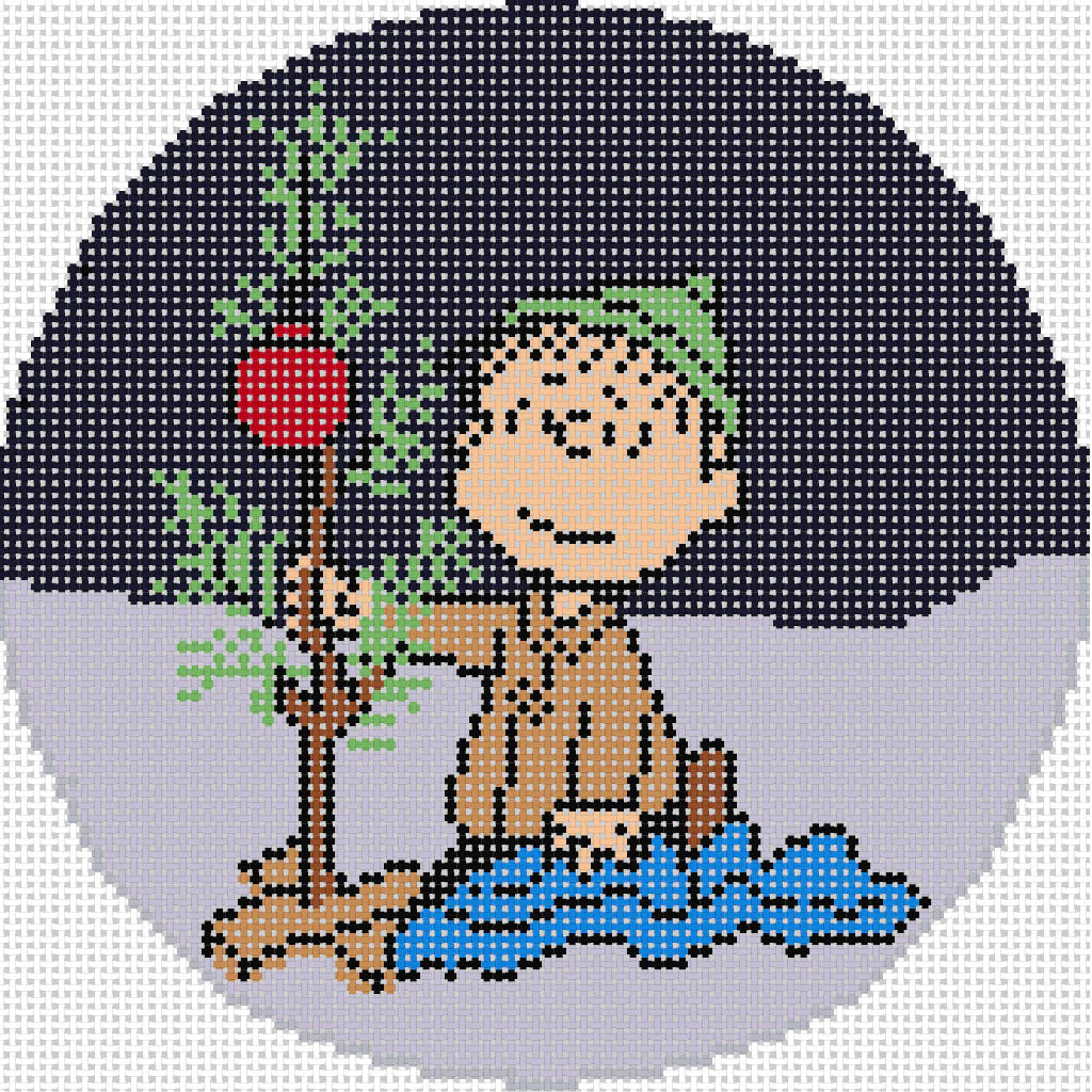 PEANUTS "A Charlie Brown Christmas" - Linus Kneeling wrapping blanket around tiny tree round