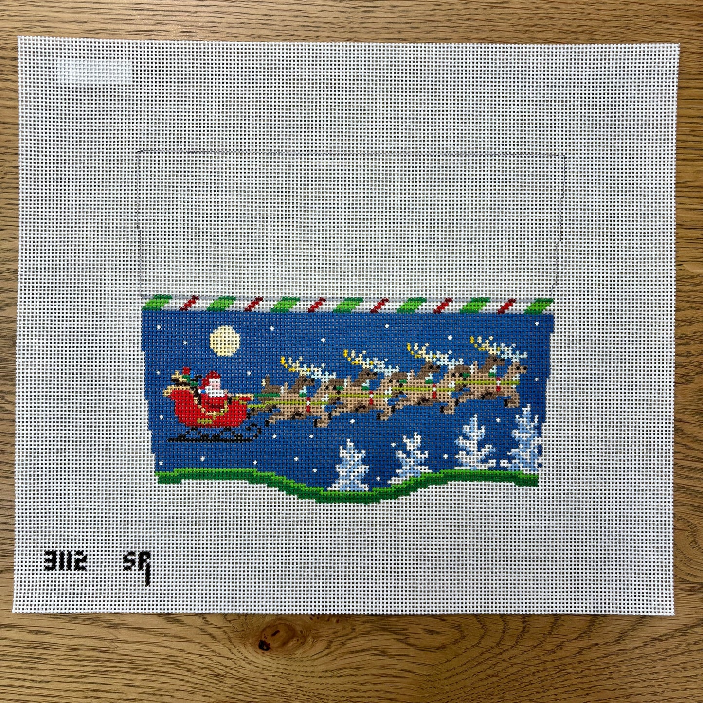 Stocking Cuff, Sleigh, 8 Reindeer at Night