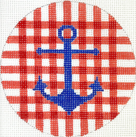 4" Round – Blue Anchor on Red Gingham